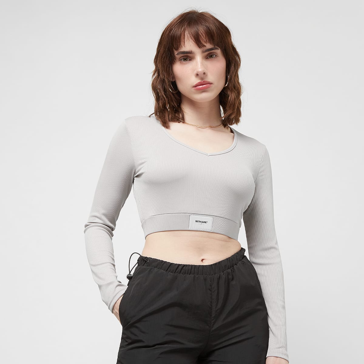 Sixth June Longsleeve V-neck Crop Top Longsleeves Dames grau maat: XS beschikbare maaten:XS S M L