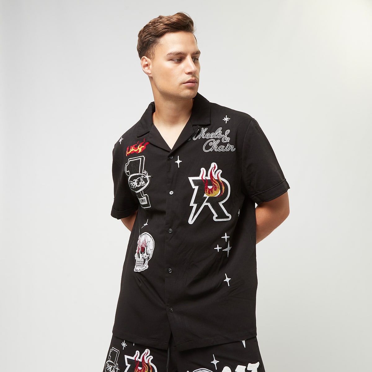 First Row 1St Racing Woven Shirts W Rhinestone men Overhemden zwart Maat S Kleding