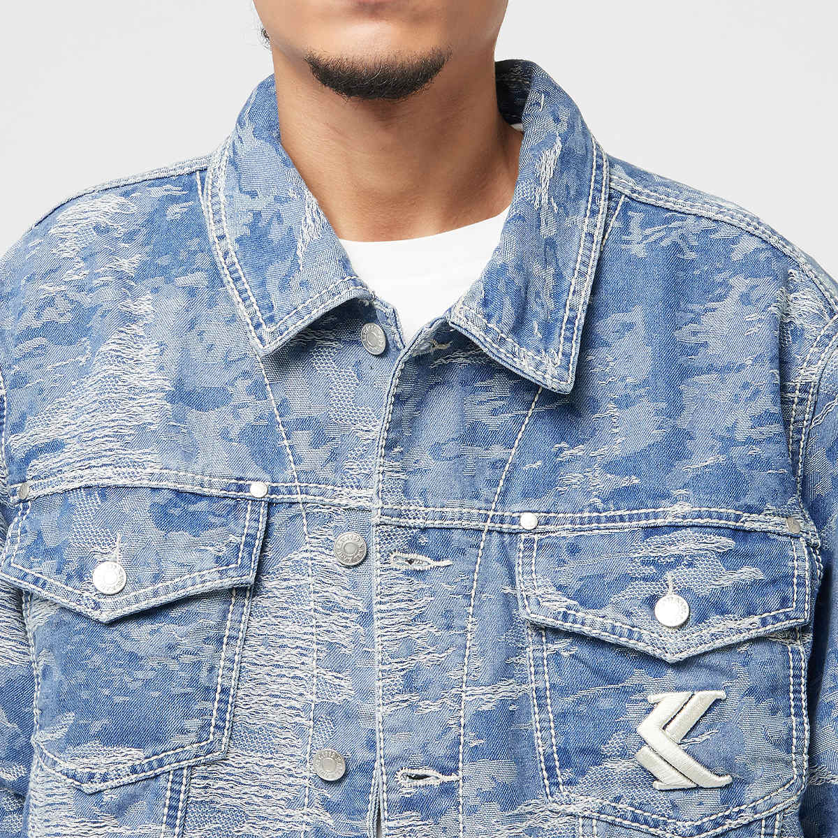 Karl Kani OG Distress Camo Oversized Denim Jacket men Spijkerjassen blauw Maat S Kleding
