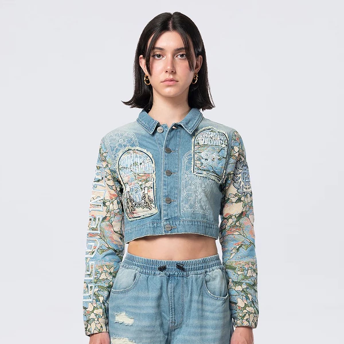 Selected, Smoke Rise, Cropped Tapestry Denim Jacket, blue