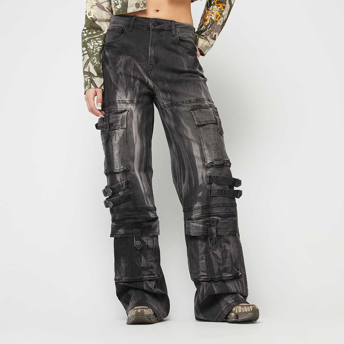 Smoke Rise, High Rise Multi Cargo Wide Leg Jeans, grey