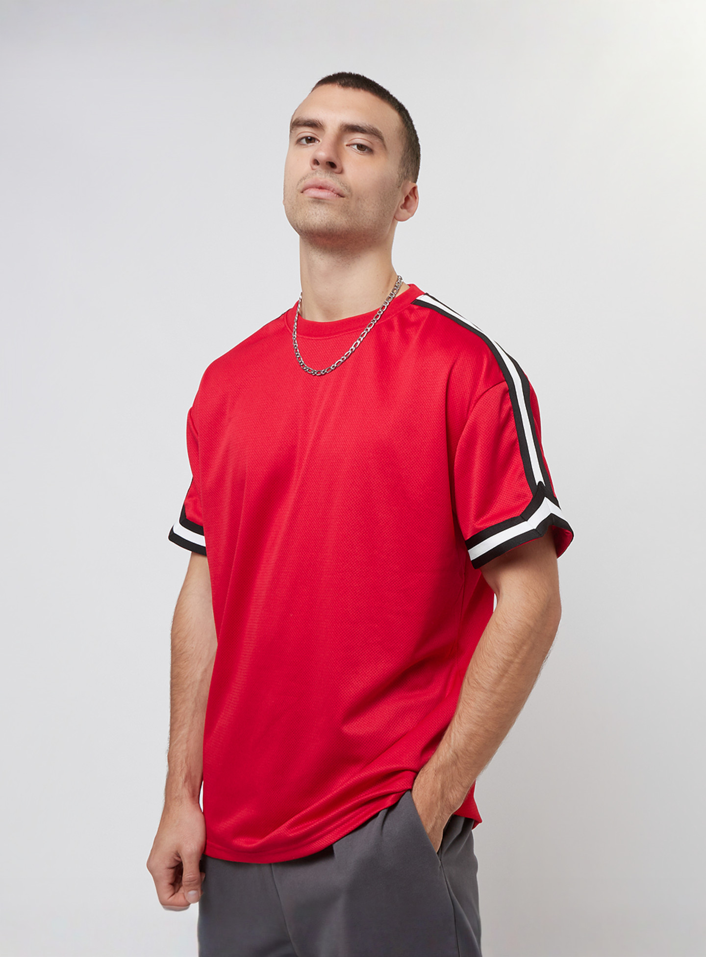 Urban Classics, Oversized Stripes Mesh Tee, red, Image 1 of 5