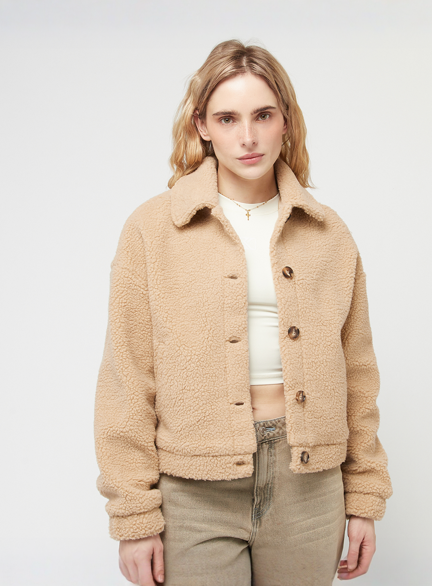 Urban Classics, Ladies Short Sherpa Button Jacket, beige, Image 1 of 4