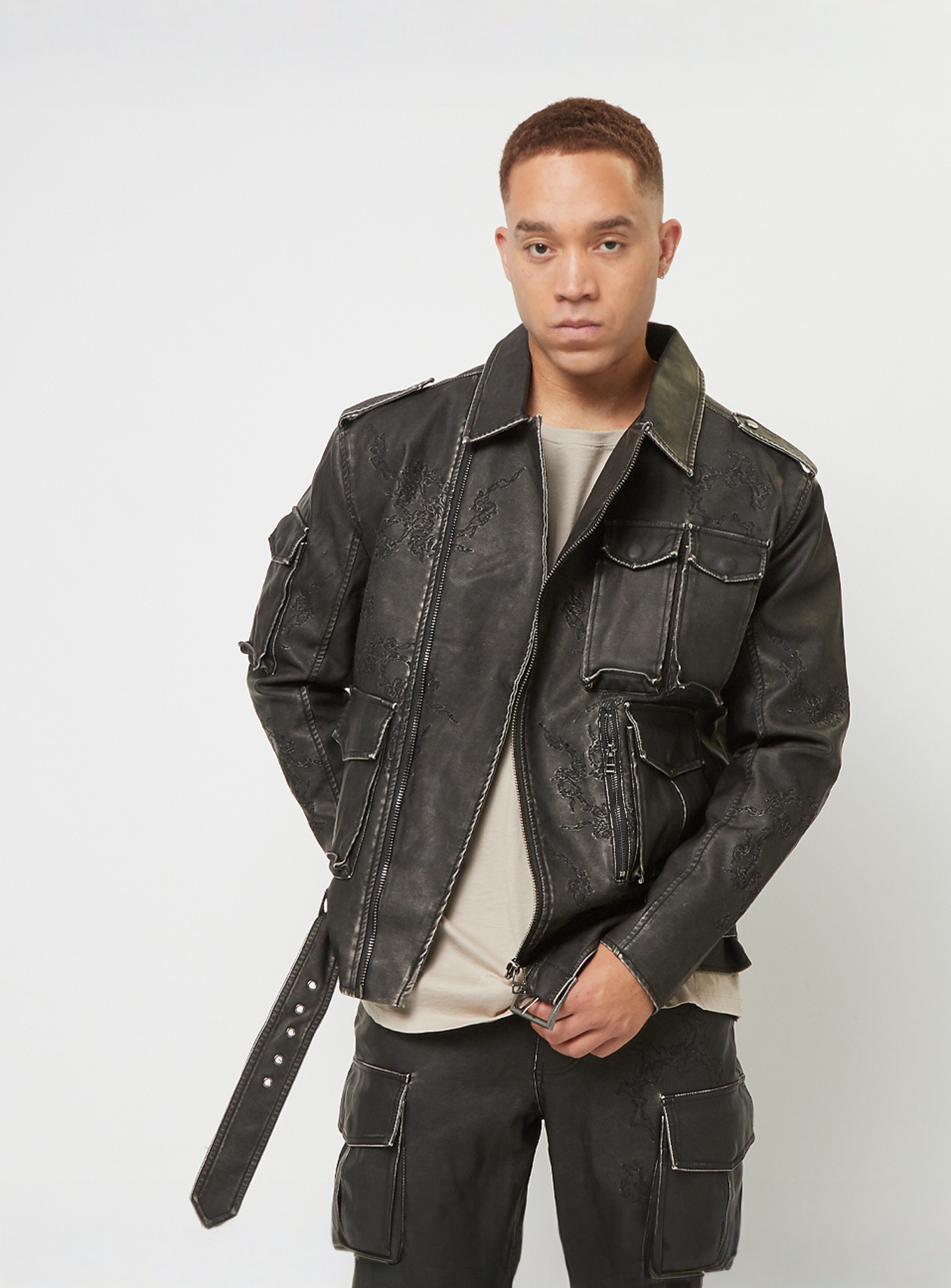 Smoke Rise, Washed Vegan Leather Biker Jacket, black, Image 1 of 7