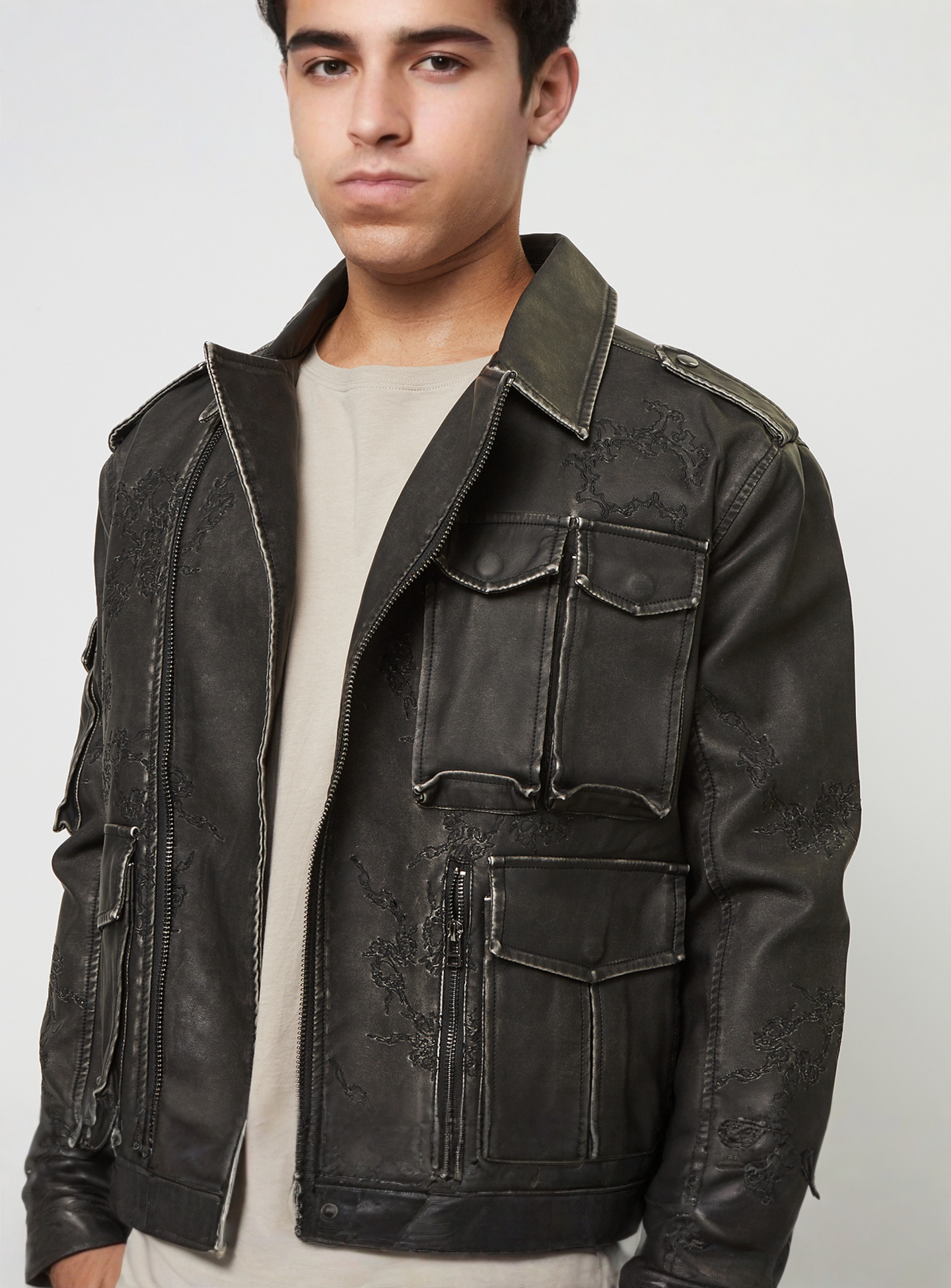 Smoke Rise, Washed Vegan Leather Biker Jacket, black, Image 3 of 7