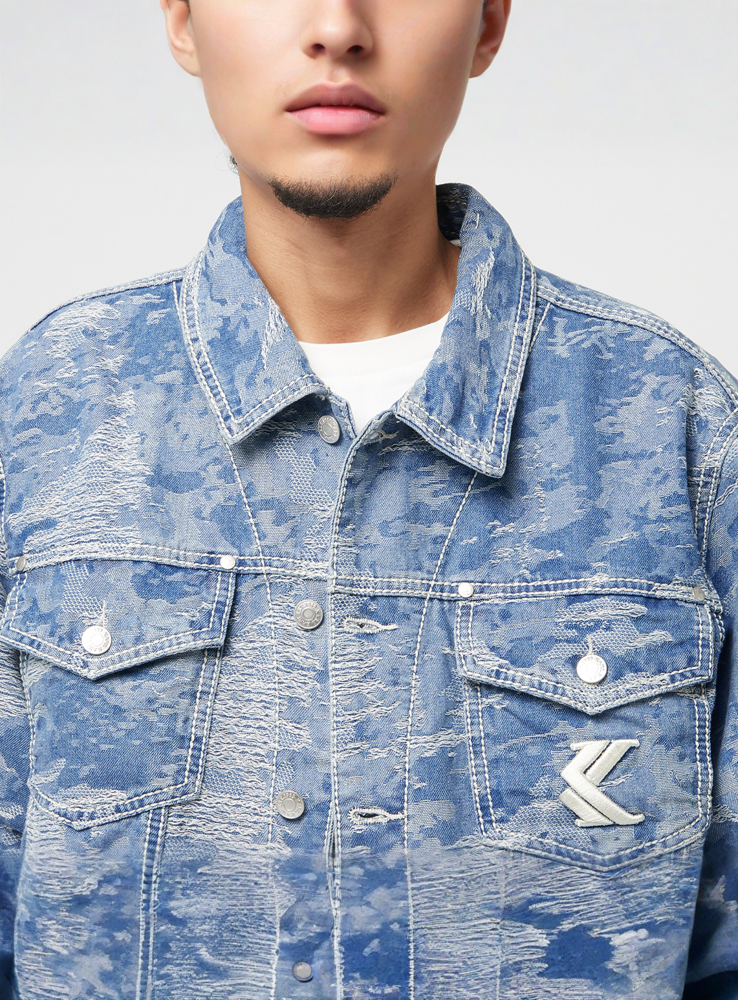 Karl Kani, OG Distress Camo Oversized Denim Jacket, blue, Image 3 of 4