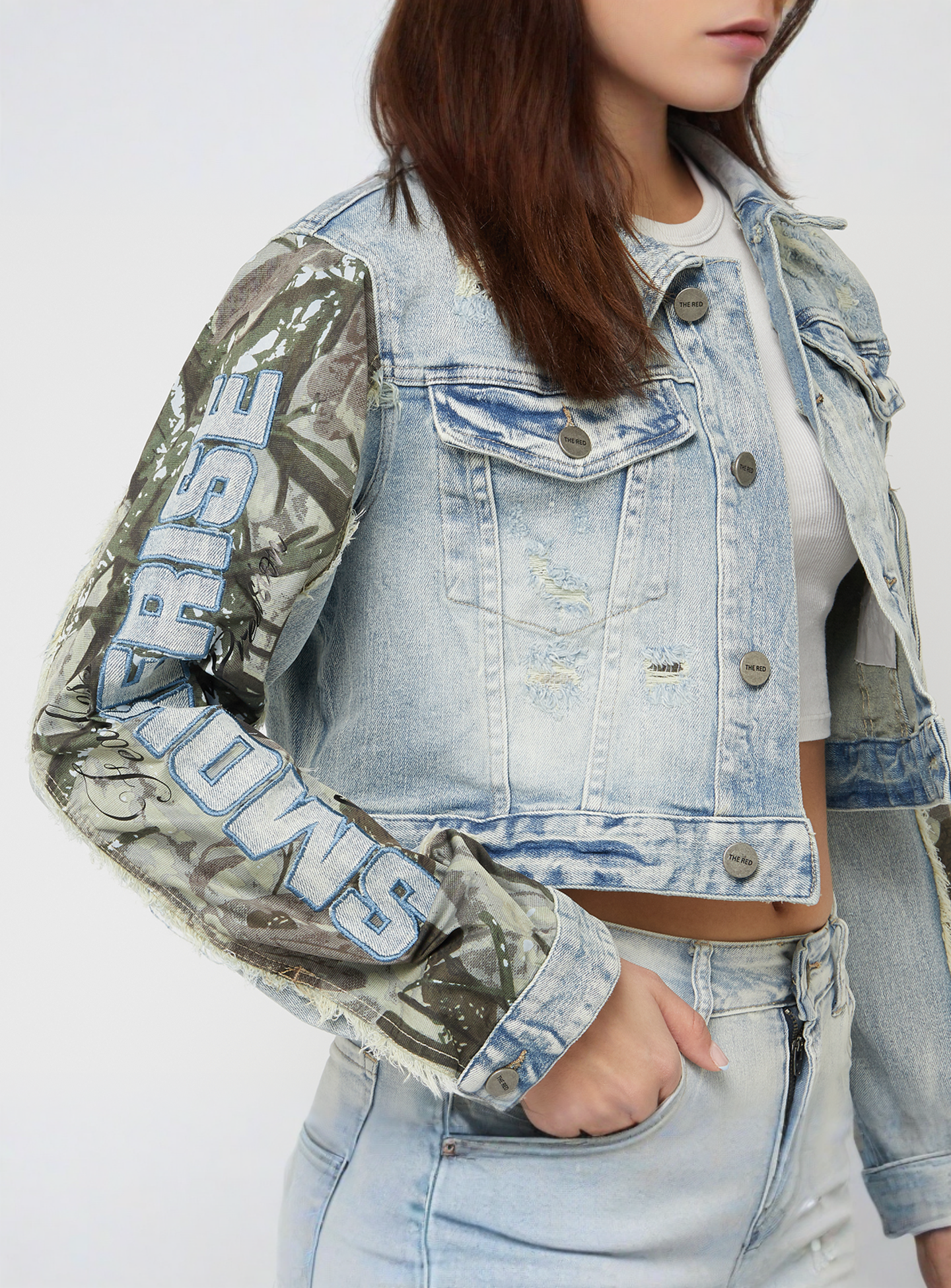 Smoke Rise, Denim Trucker Nylon Mixed Media Jacket, blue, Image 3 of 6
