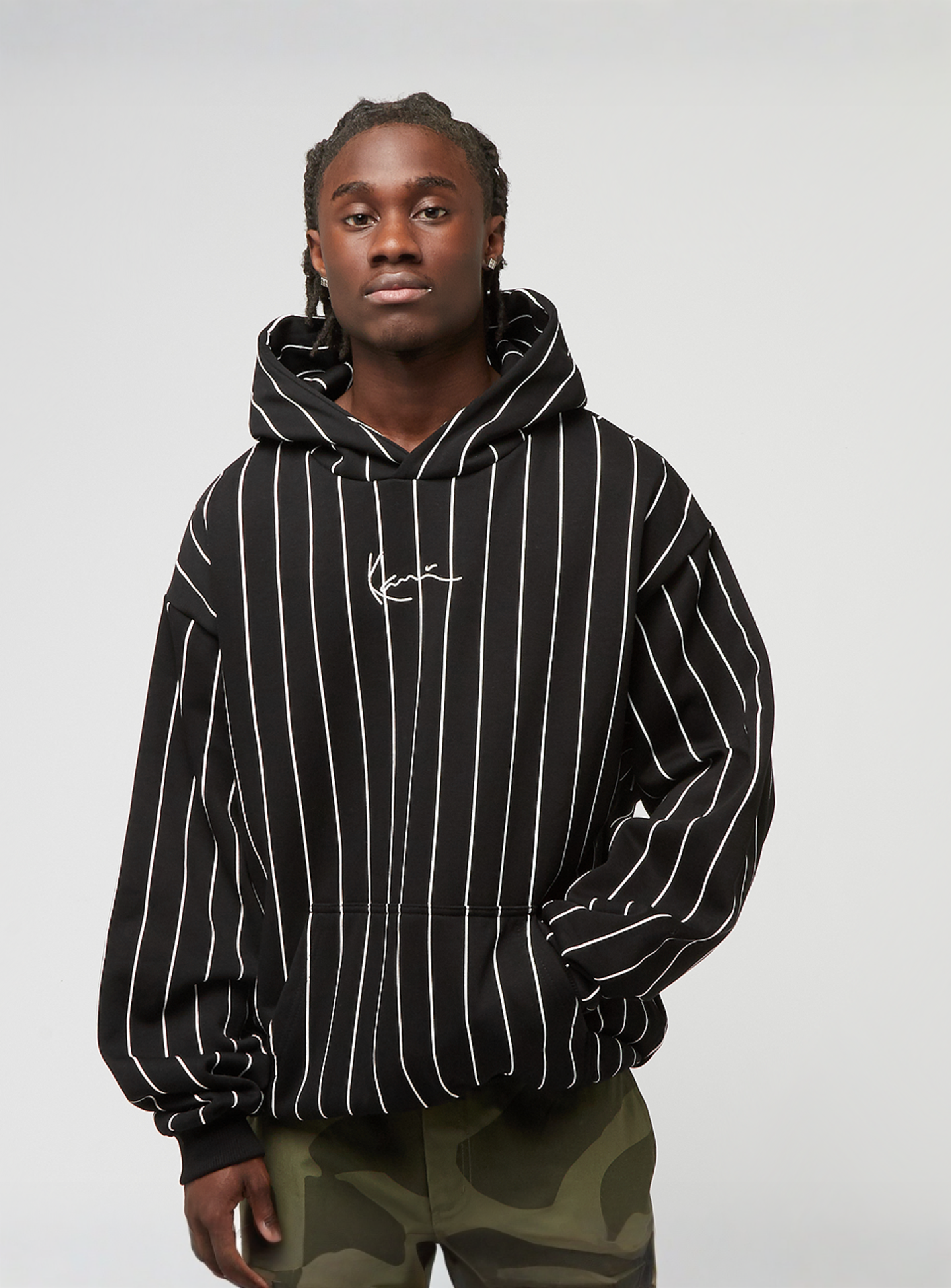 Karl Kani, Signature Logo Pinstripe Oversized Hoodie, black, Image 1 of 4