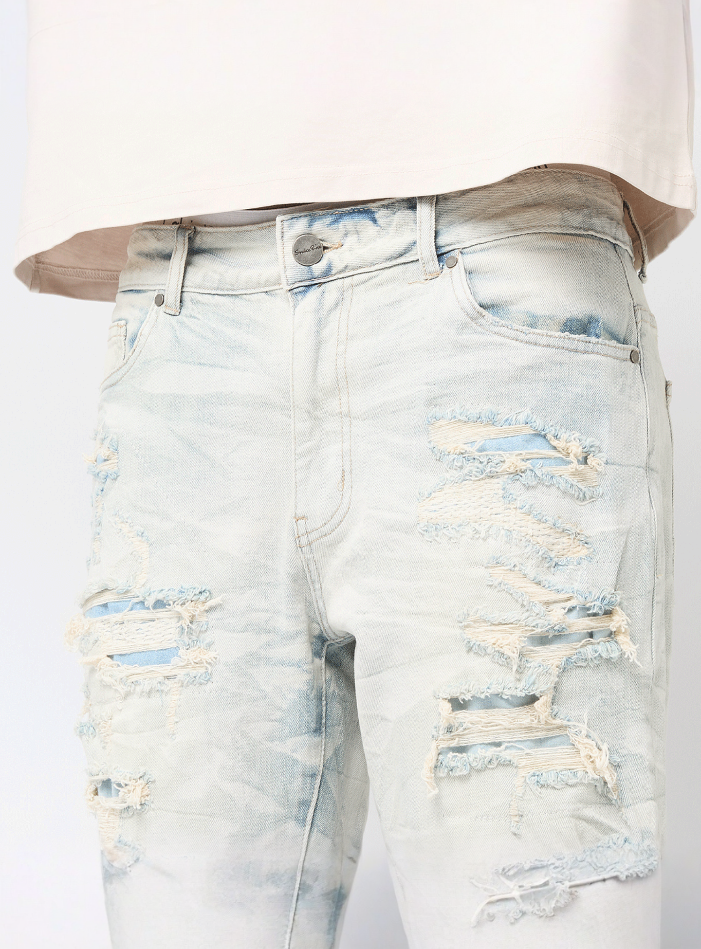 Smoke Rise, Distressed Rip & Repair Denim Shorts, blue, Image 3 of 5