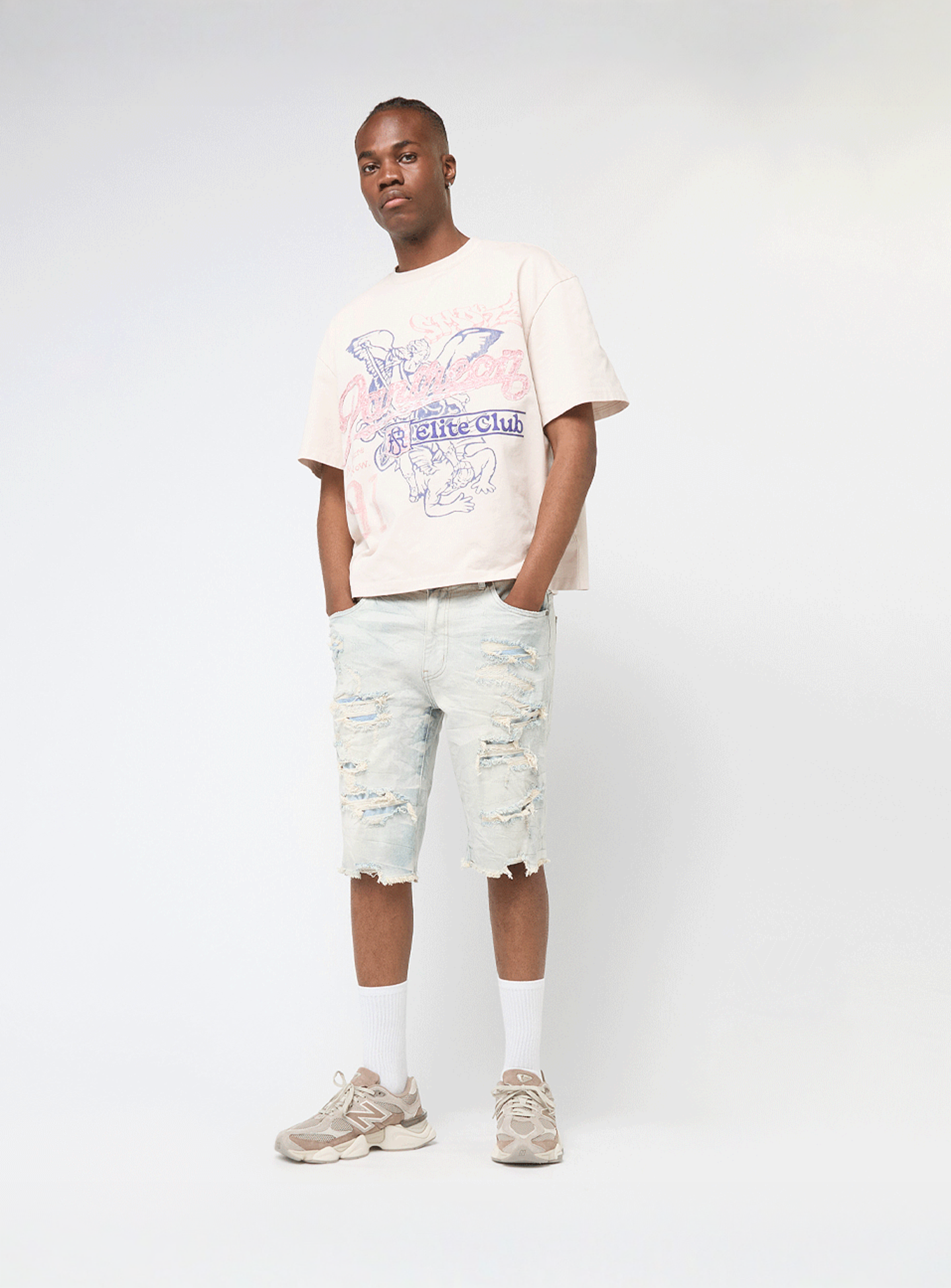 Smoke Rise, Distressed Rip & Repair Denim Shorts, blue, Image 5 of 5