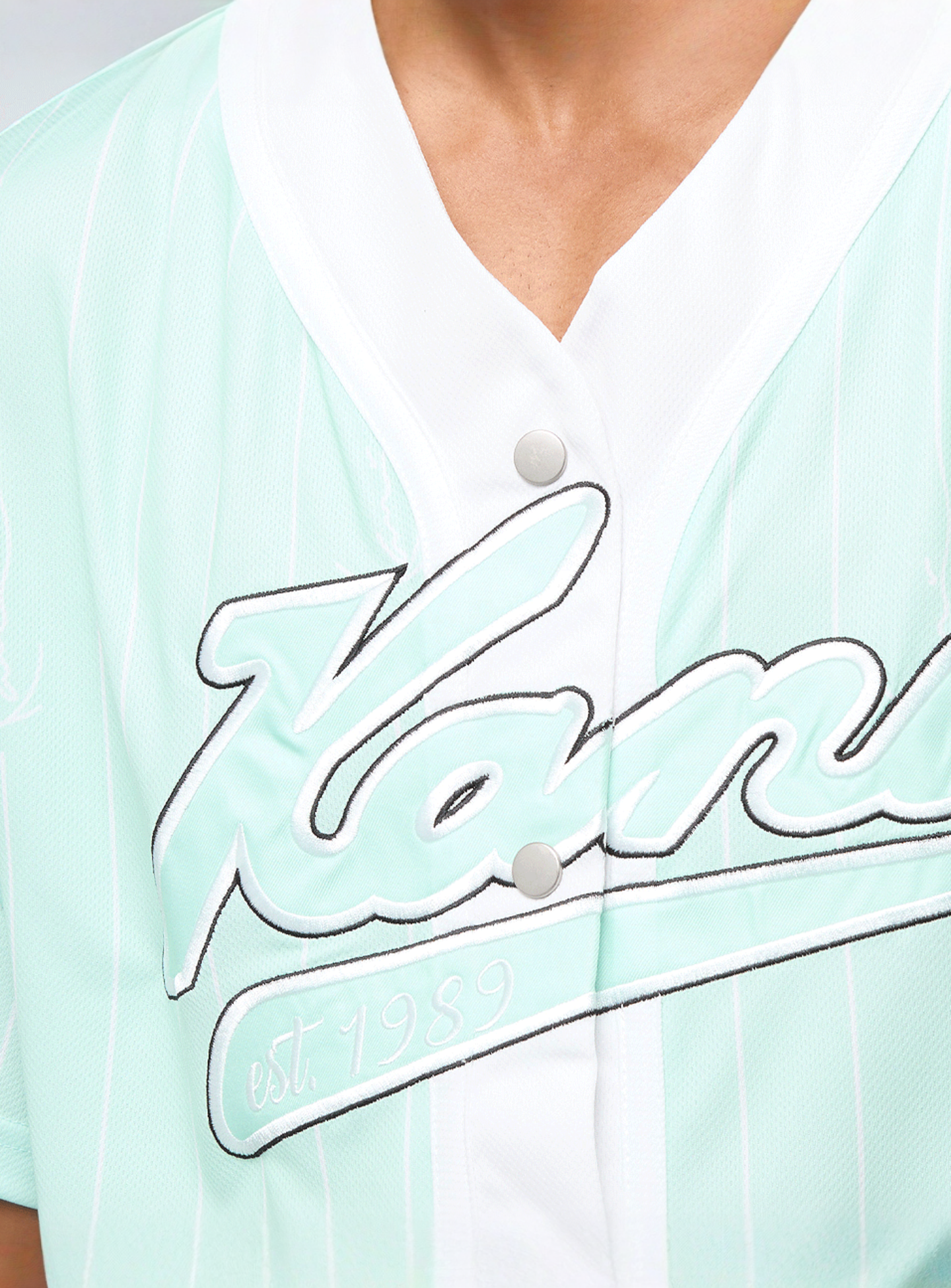 Karl Kani, Varsity Logo Pinstripe Baseball Shirt, blue, Image 3 of 4
