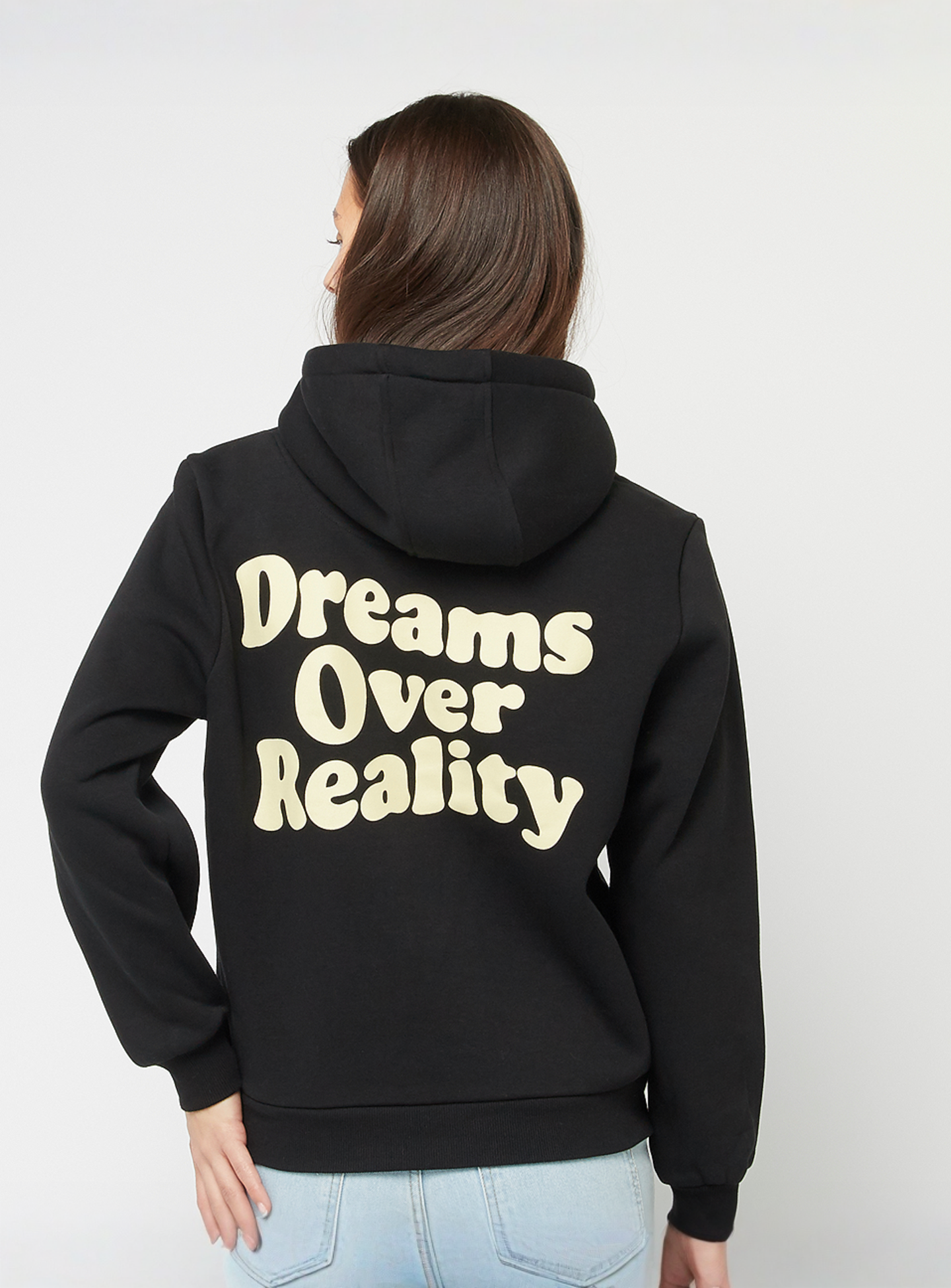 Miss Tee, Dreams Over Reality Ladies Fluffy Hoody, black, Image 1 of 5