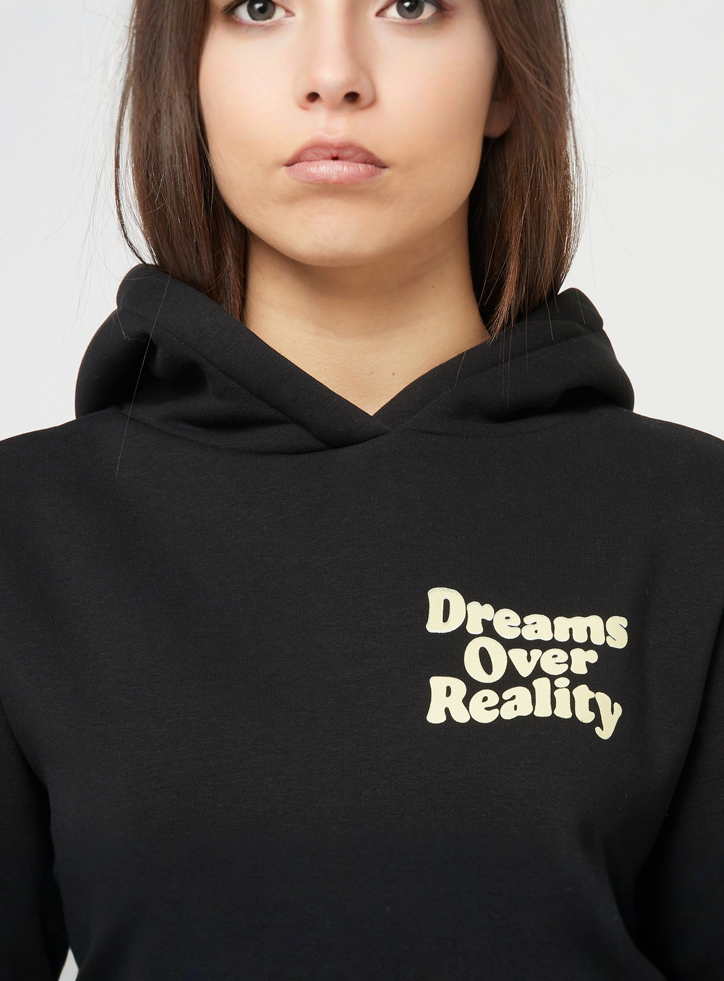 Miss Tee, Dreams Over Reality Ladies Fluffy Hoody, black, Image 3 of 5