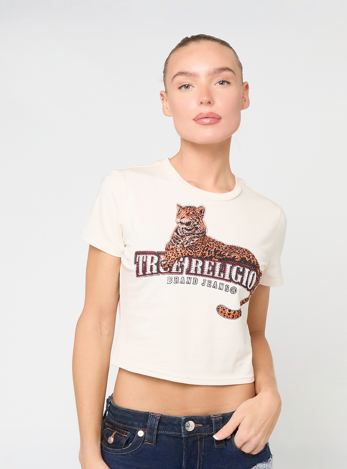 True Religion, Crystal Leopard Baby Tee, beige, Image 1 of 4