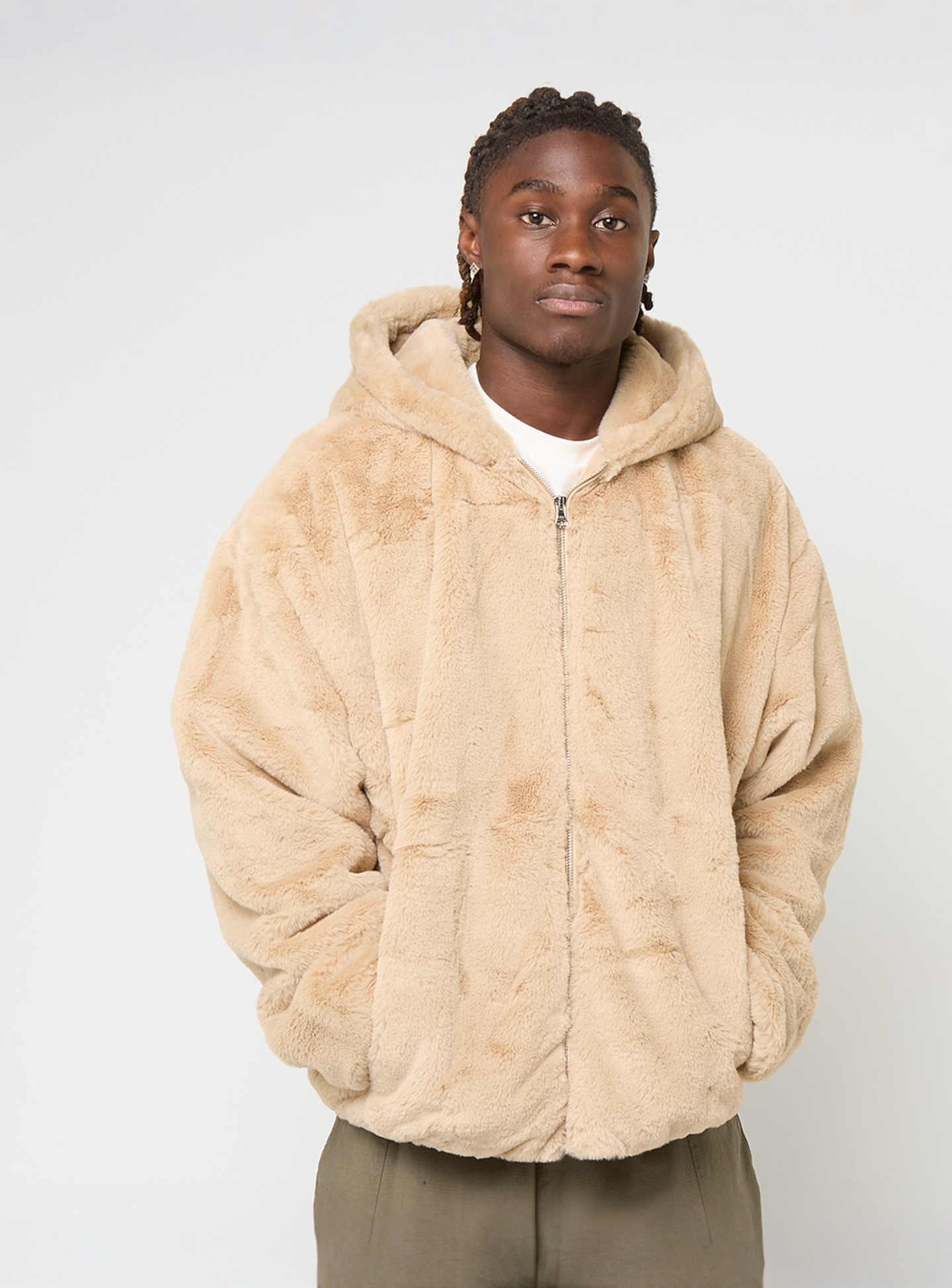 Urban Classics, Full Zip Faux Fur Hoodie whitesand, beige, Image 1 of 4