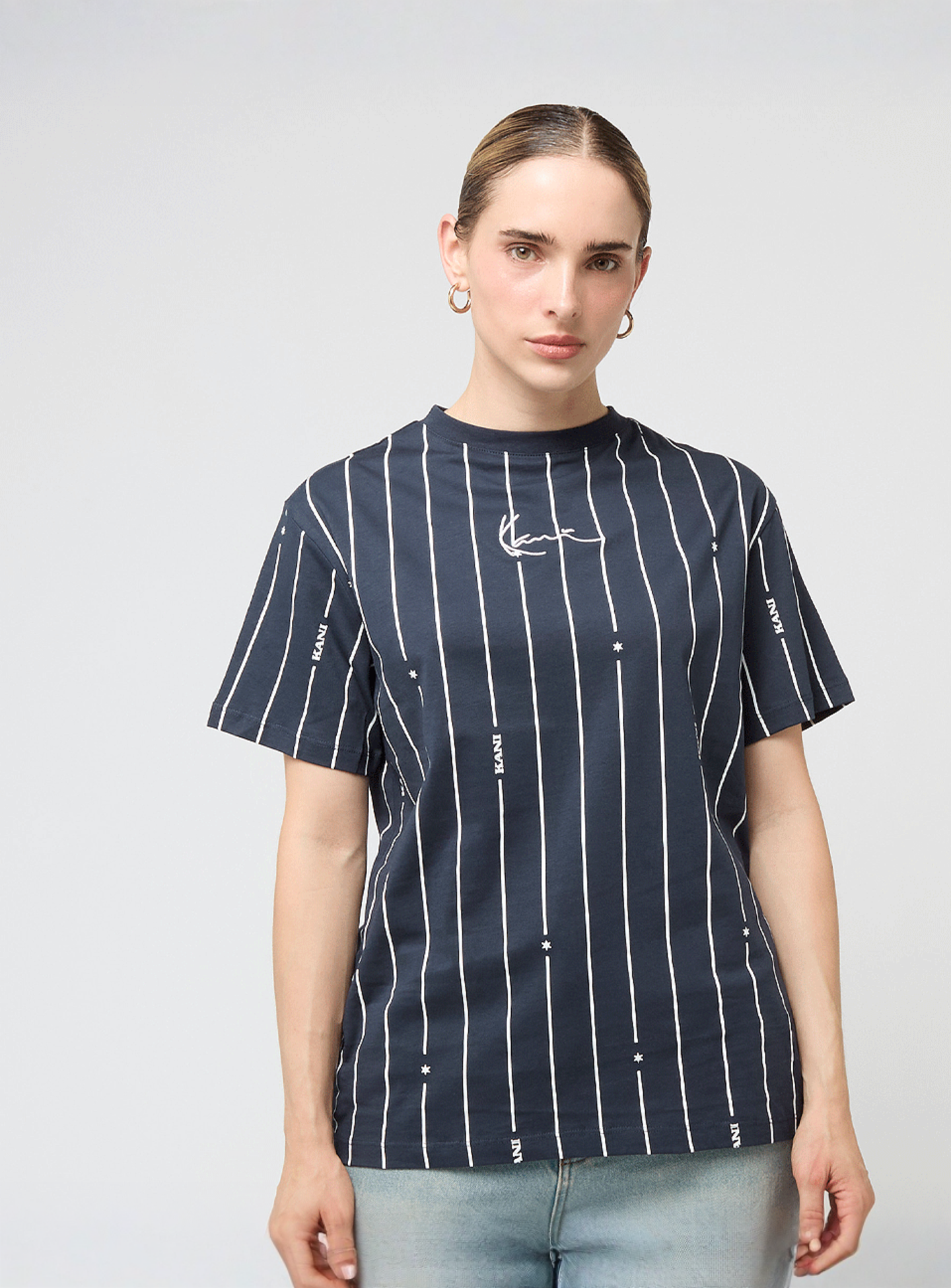 Karl Kani, Signature Pinstripe Oversized T-Shirt, blue, Image 1 of 4