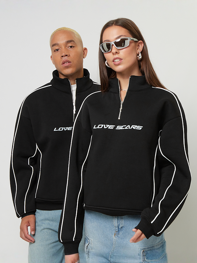 Love Scars, Piping Half Zip Sweater, black, Image 1 of 4