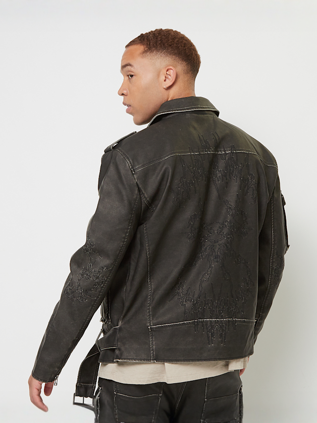 Smoke Rise, Washed Vegan Leather Biker Jacket, black, Image 2 of 7