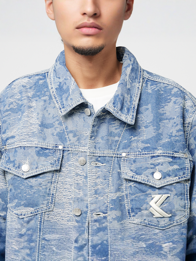 Karl Kani, OG Distress Camo Oversized Denim Jacket, blue, Image 3 of 4