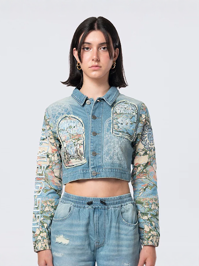 Smoke Rise, Cropped Tapestry Denim Jacket, blue, Image 1 of 5