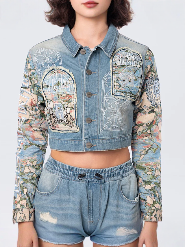 Smoke Rise, Cropped Tapestry Denim Jacket, blue, Image 3 of 5