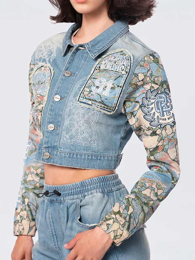 Smoke Rise, Cropped Tapestry Denim Jacket, blue, Image 4 of 5