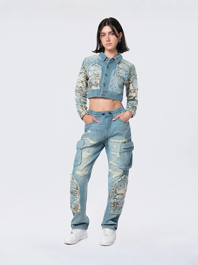 Smoke Rise, Cropped Tapestry Denim Jacket, blue, Image 5 of 5