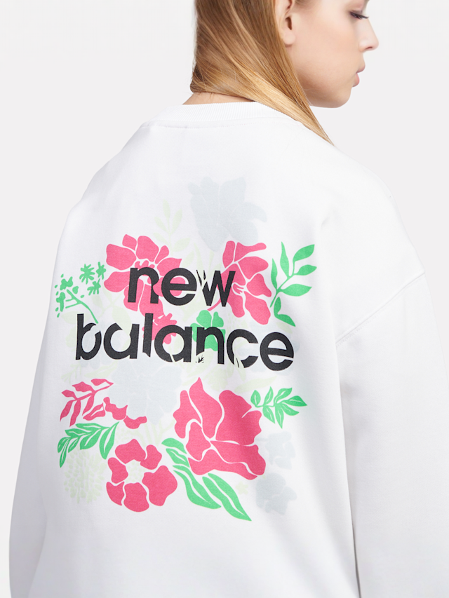 New Balance, Stacked Floral Back Graphic French Terry Crew, white, Image 4 of 6