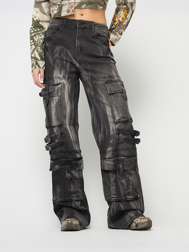 Smoke Rise, High Rise Multi Cargo Wide Leg Jeans, grey, Image 1 of 8