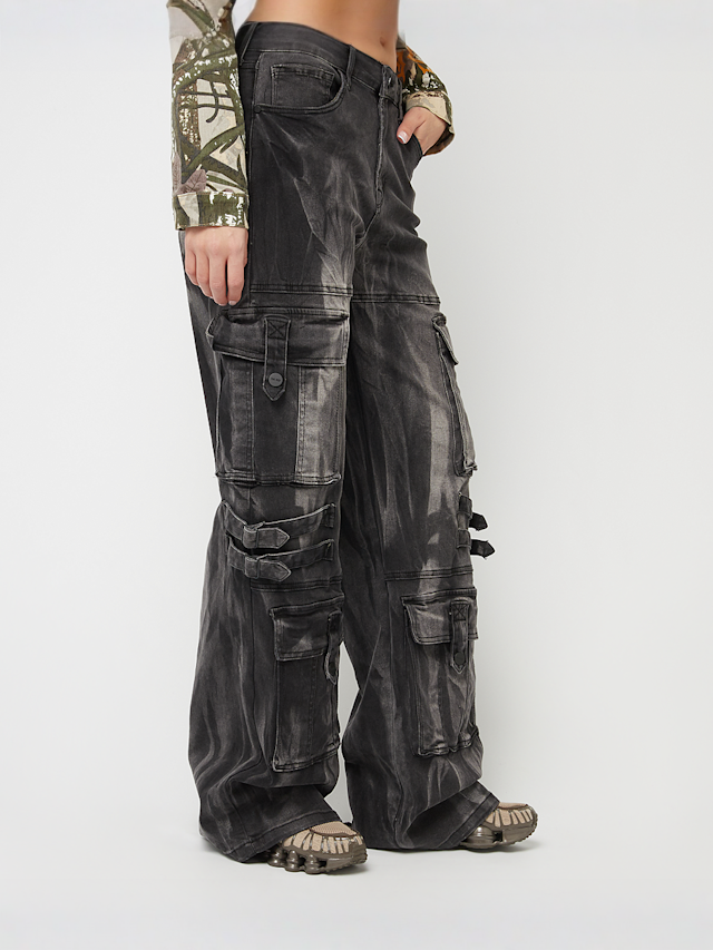 Smoke Rise, High Rise Multi Cargo Wide Leg Jeans, grey, Image 4 of 8