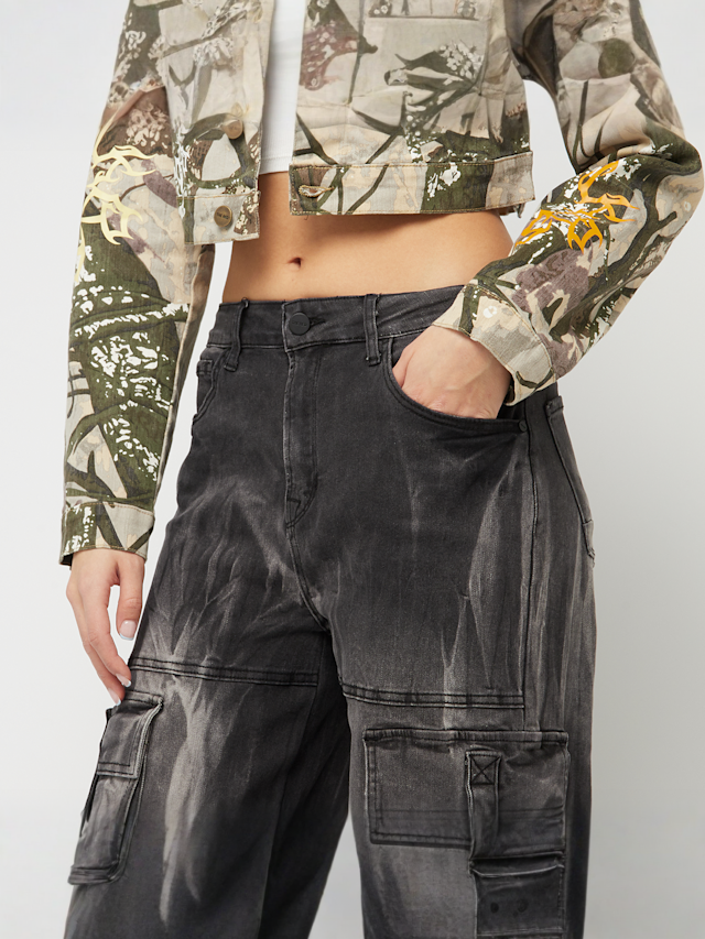 Smoke Rise, High Rise Multi Cargo Wide Leg Jeans, grey, Image 5 of 8