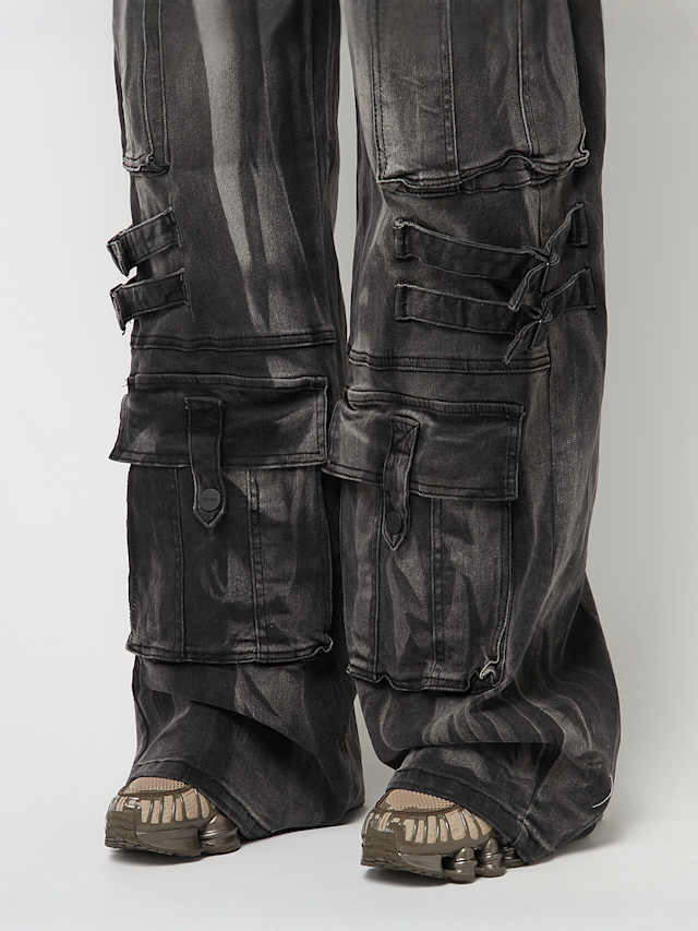 Smoke Rise, High Rise Multi Cargo Wide Leg Jeans, grey, Image 6 of 8