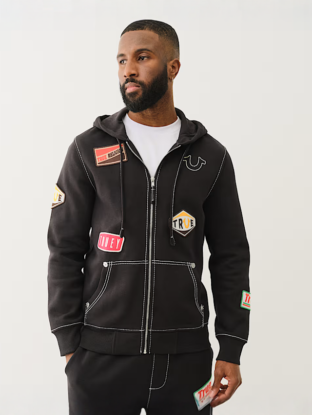 True Religion, Patch Big-T Zip Hoodie, black, Image 1 of 5