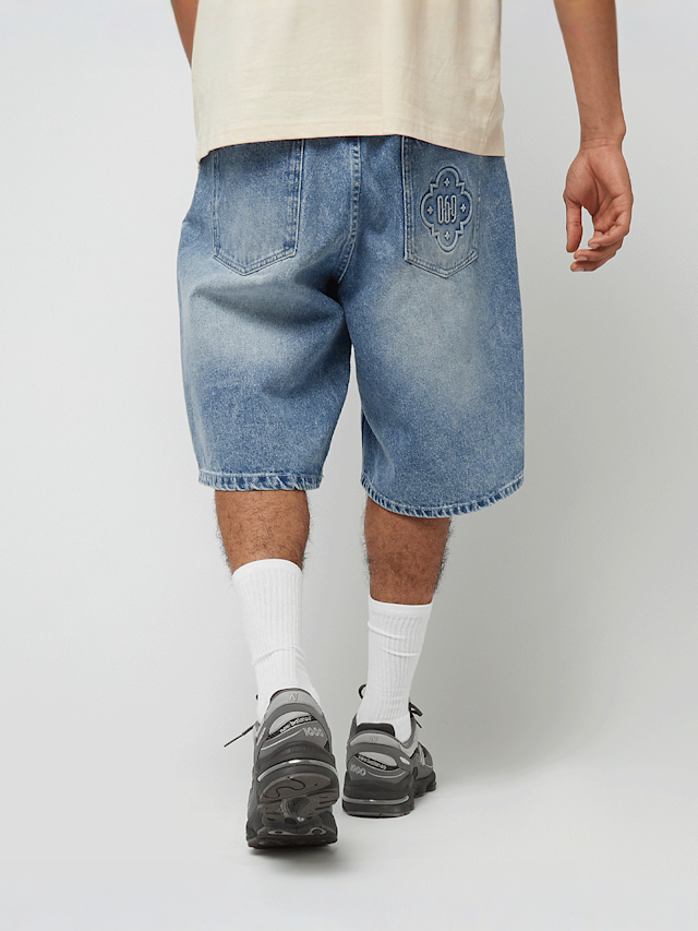 zəяo si:x nœf, Primary Logo Embossed Denim Shorts, blue, Image 2 of 5