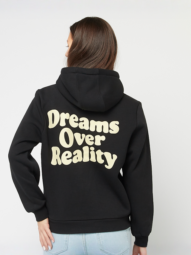 Miss Tee, Dreams Over Reality Ladies Fluffy Hoody, black, Image 1 of 5