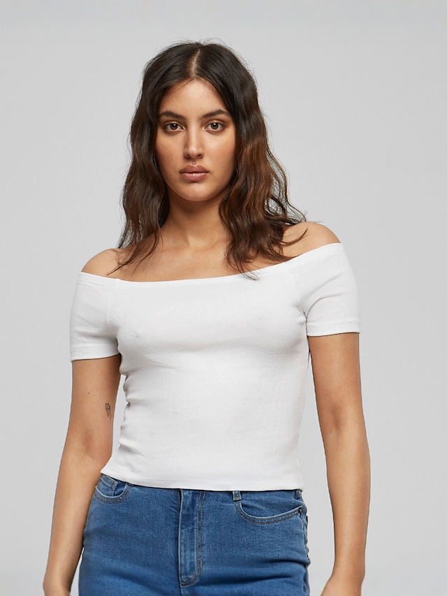 Urban Classics, Ladies Off Shoulder Rib Tee, white, Image 1 of 3