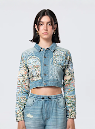 Smoke Rise, Cropped Tapestry Denim Jacket, blue, Image 1 of 5