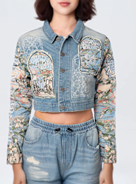 Smoke Rise, Cropped Tapestry Denim Jacket, blue, Image 3 of 5