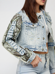 Smoke Rise, Denim Trucker Nylon Mixed Media Jacket, blauw, Afbeelding 3 van 6