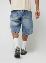 zəяo si:x nœf, Primary Logo Embossed Denim Shorts, blue, Image 2 of 5