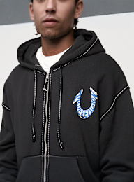 True Religion, HS PAINT CINCHED BIG T ZIP UP JET BLACK, black, Image 3 of 5