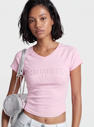 True Religion, Embroidered Washed Rib Baby Tee, Pink, Image 3 of 4