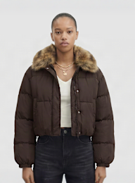 Urban Classics, Ladies Cropped Fake Fur Collar Jacket, brown, Image 1 of 4