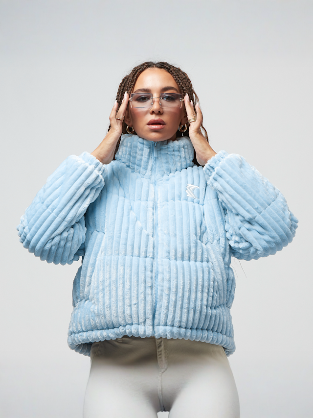 Karl Kani, OG Fuzzy Corduroy Short Puffer Jacket, blue, Image 1 of 6