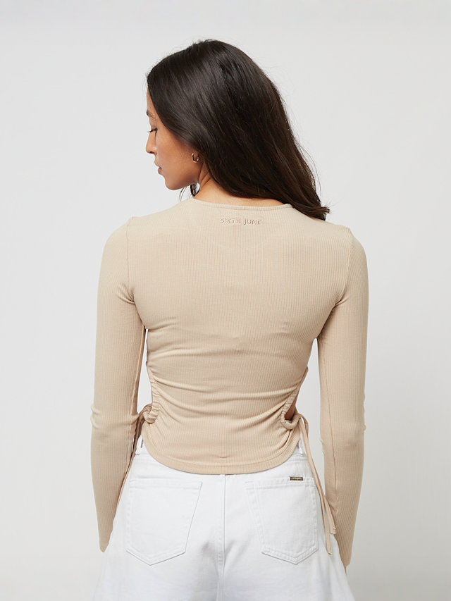 Sixth June, Long Sleeve Rib Crop Top W/ Side Rush, beige, Afbeelding 2 van 6