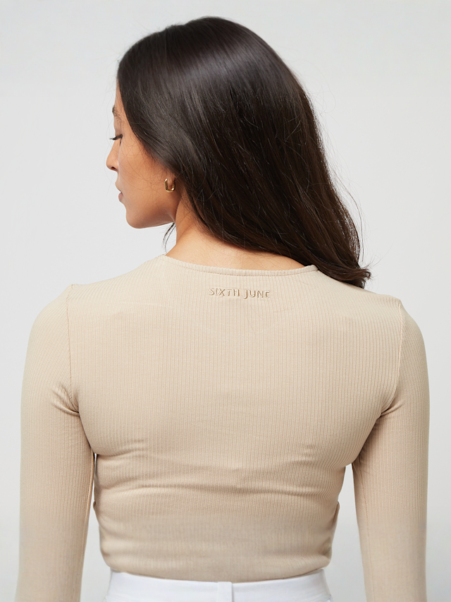 Sixth June, Long Sleeve Rib Crop Top W/ Side Rush, beige, Afbeelding 4 van 6