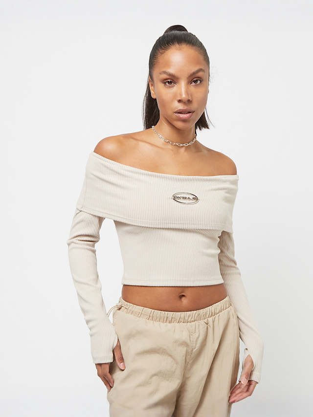Sixth June, Ribbed Longsleeve Bardot Crop Top, beż, Obraz 1 z 4