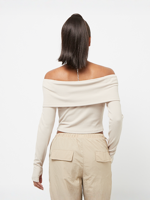 Sixth June, Ribbed Longsleeve Bardot Crop Top, beige, Afbeelding 2 van 4
