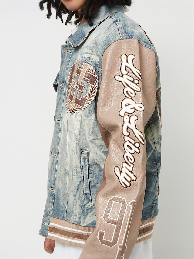 Smoke Rise, Varsity Polyurethan Sleeve Denim Jacket, blue, Image 4 of 7