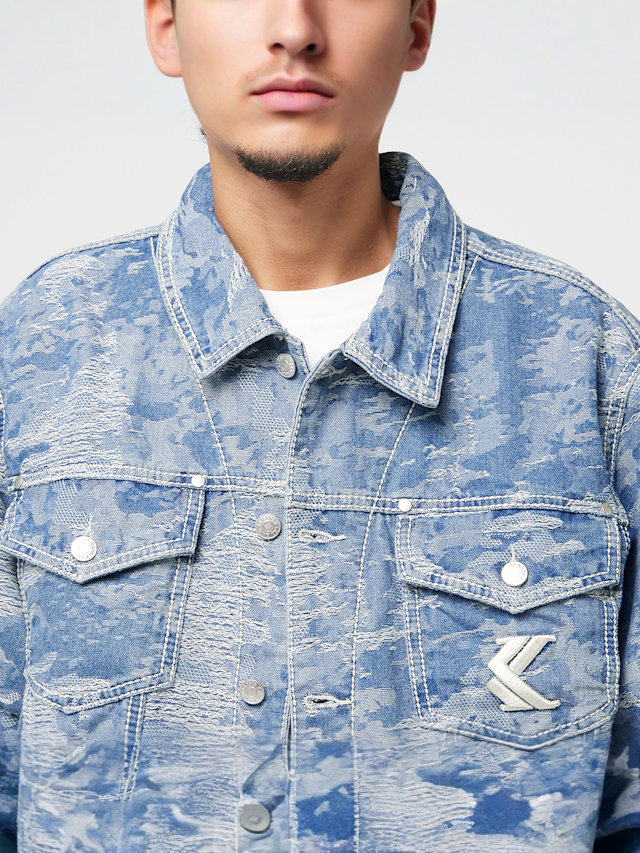 Karl Kani, OG Distress Camo Oversized Denim Jacket, blue, Image 3 of 4